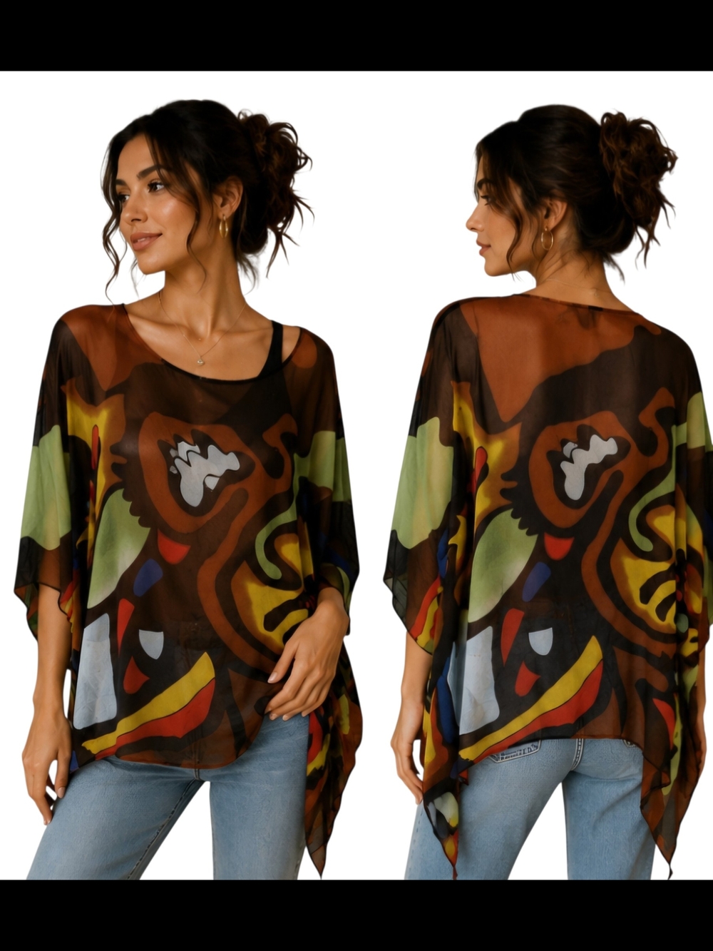 Cocoon House 100% Silk Abstract Butterfly Poncho Tunic Top S/M